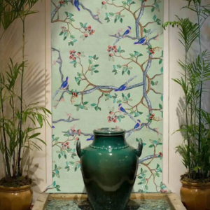 Chinoiserie Sage Green Mosaic Tile Bird Mural