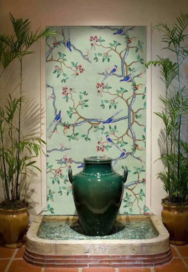 Chinoiserie Sage Green Mosaic Tile Bird Mural