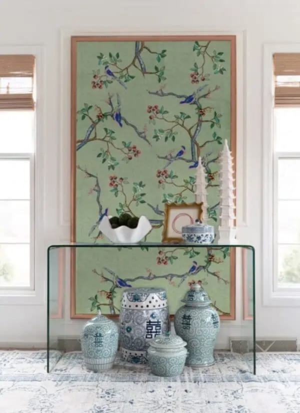 Chinoiserie Sage Green Mosaic Tile Bird Mural