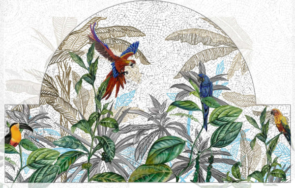 Colorful Tropical Birds Mosaic Scene